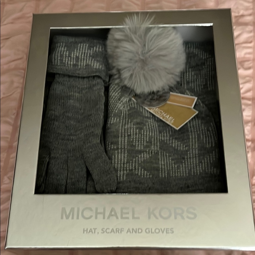 Michael Kors Gray Hat, Scarf, and Gloves Set
